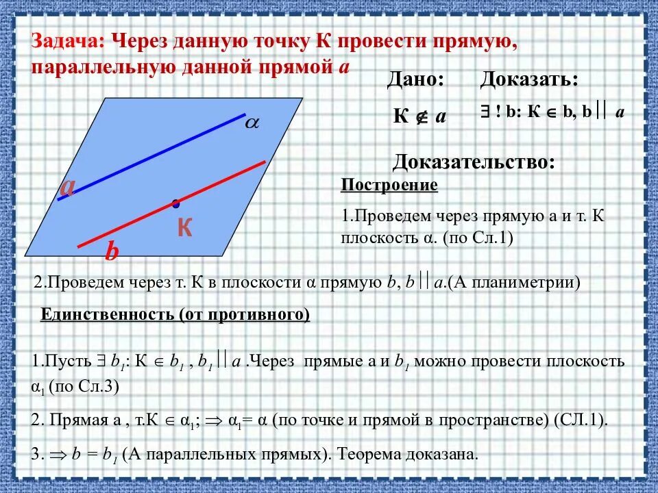 Провести плоскость через прямую и точку. Задачи на взаимное расположение прямых в пространстве. Провести прямую параллельную данной через точку. Проведение параллельной прямой через точку. Через данную точку провести прямую параллельную данной.