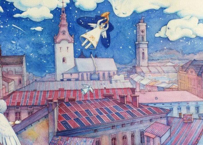 Летаем над крышами. Рай небесный. Девушка летает. Ангел над городом живопись. Аниме девушка с крыльями.