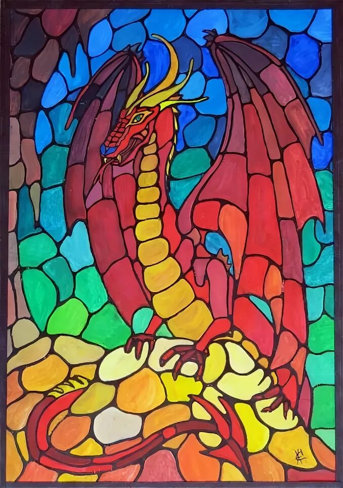 мифическое животное витраж. китайский витраж. витраж красный дракон. витраж дракон. витражная роспись дракон.