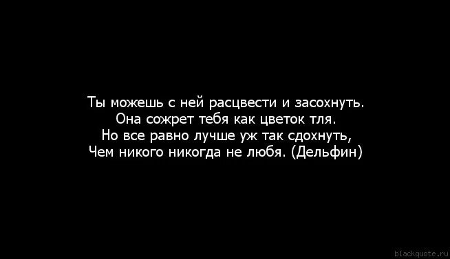 Лучше уж так сдохнуть чем никого никогда. Она сожрет тебя как цветок тля. Ты можешь с ней расцвести. Она тебя сожрет. Она сожрет тебя как цветок тля ,но..