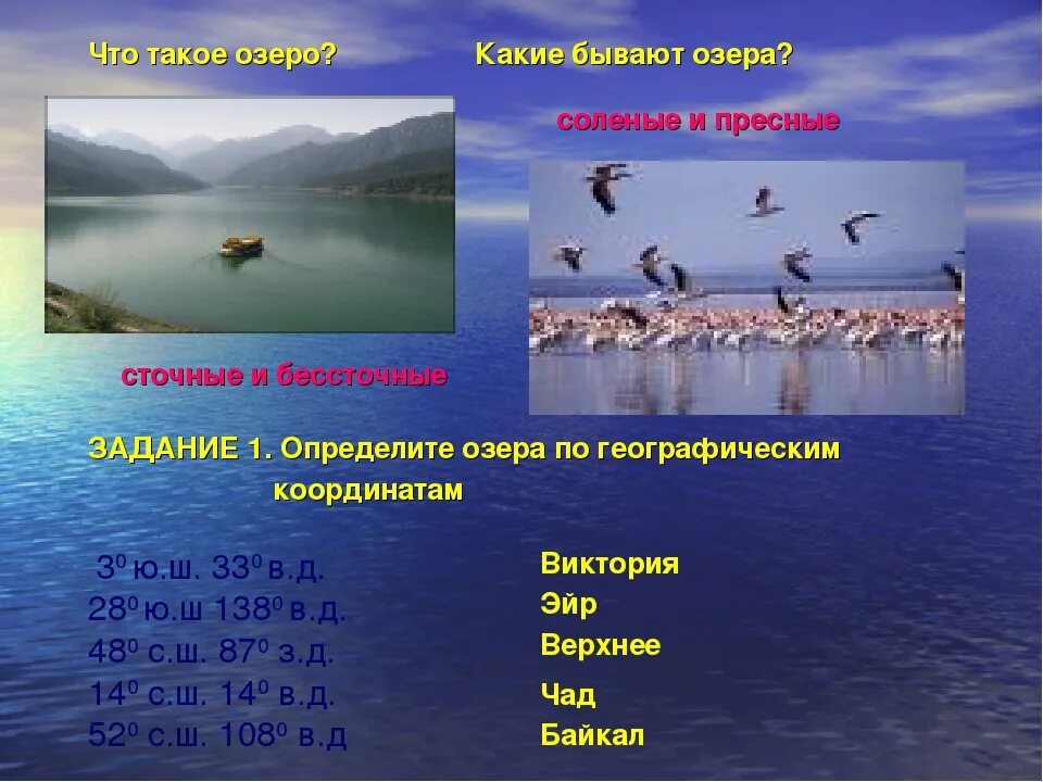 Озеро какое лицо. Какие бывают озера. Пресные и соленые озера. Какое бывает озеро. Какие виды озер бывают.