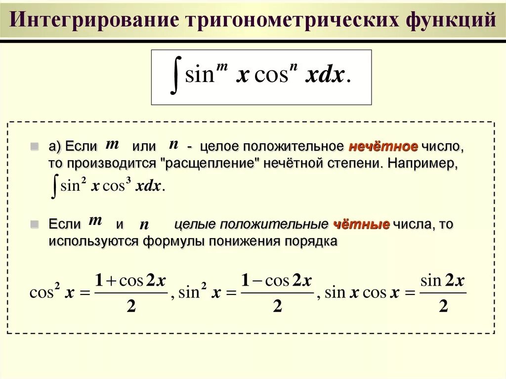 Интегрирование степеней. Формулы вычисления интегралов тригонометрических функций примеры. 24. Интегрирование тригонометрических функций.. Интегрирование выражений содержащих тригонометрические функции. Решение интегралов тригонометрических функций в степени.