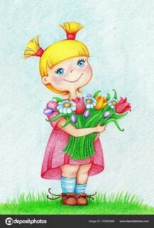 Рисунок девочки с цветами