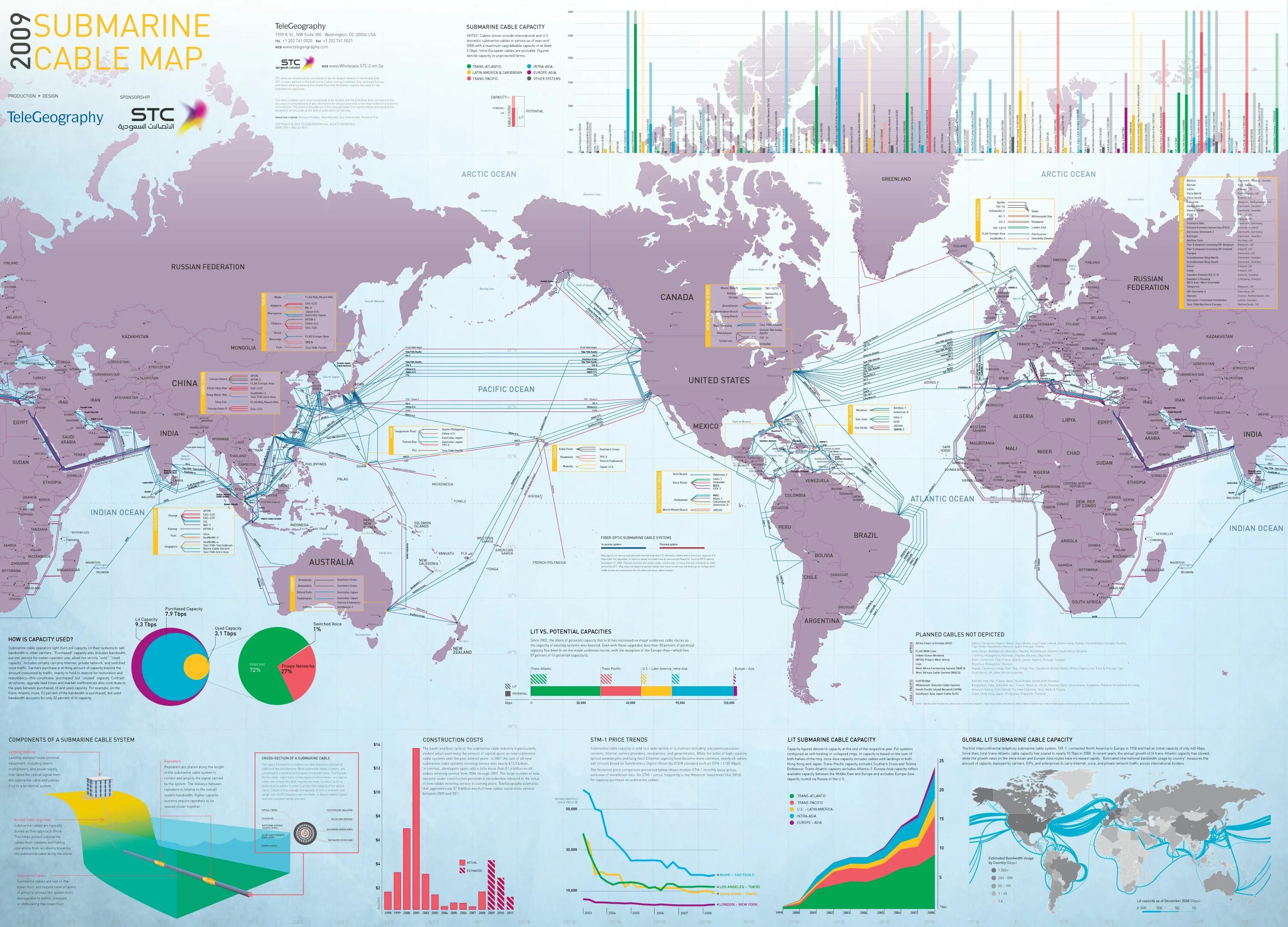 Кабели интернета в мире. Карта подводных оптоволоконных кабелей.