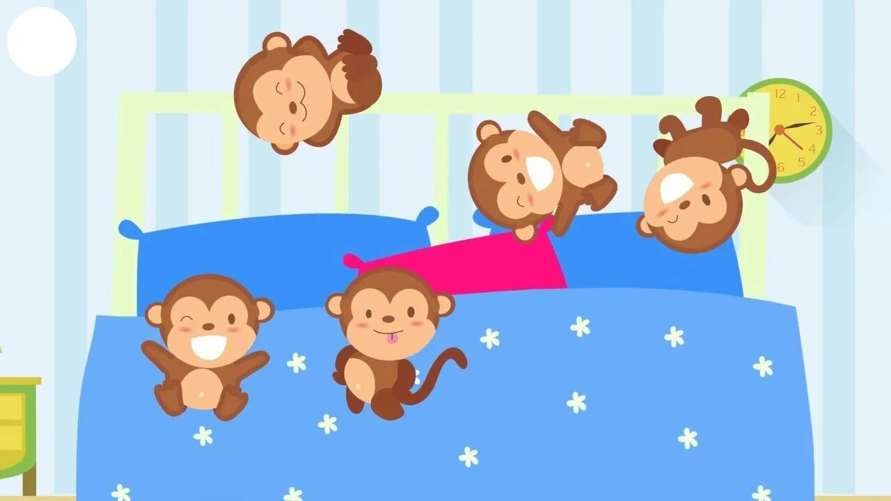 Обезьянка в кровати. Пять обезьянок прыгали на кровати. Пять маленьких обезьянок.