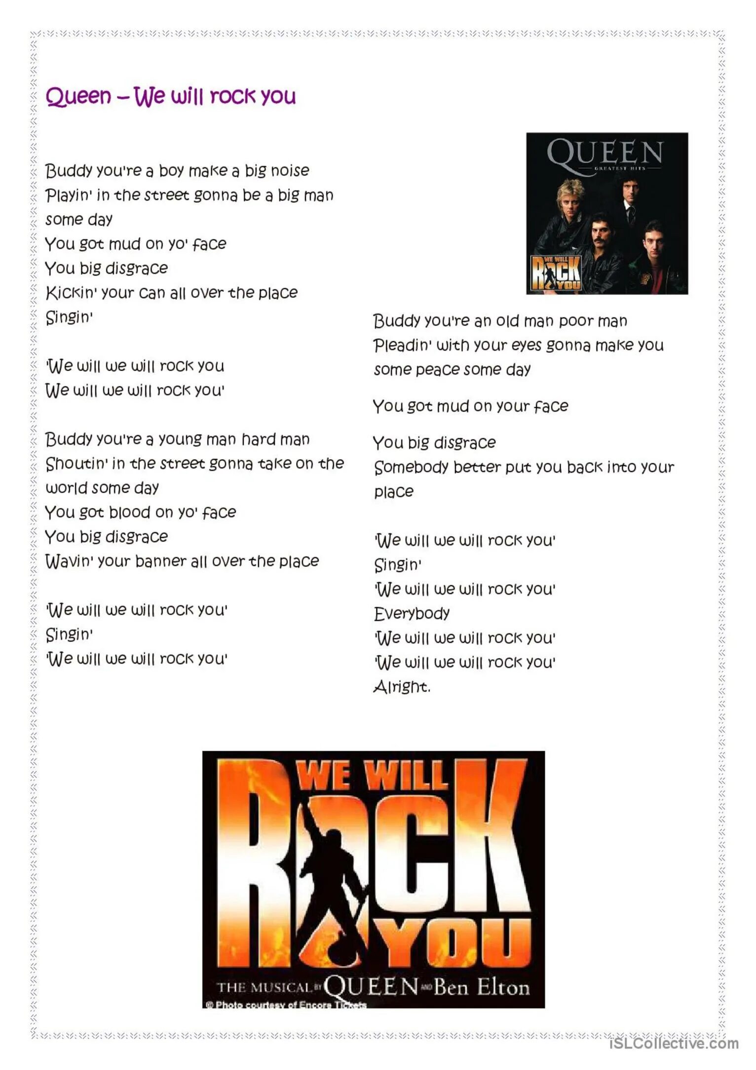Слова песни рок. We we will Rock you текст. Will will Rock you текст. We will Rock текст. Queen we will Rock you текст.