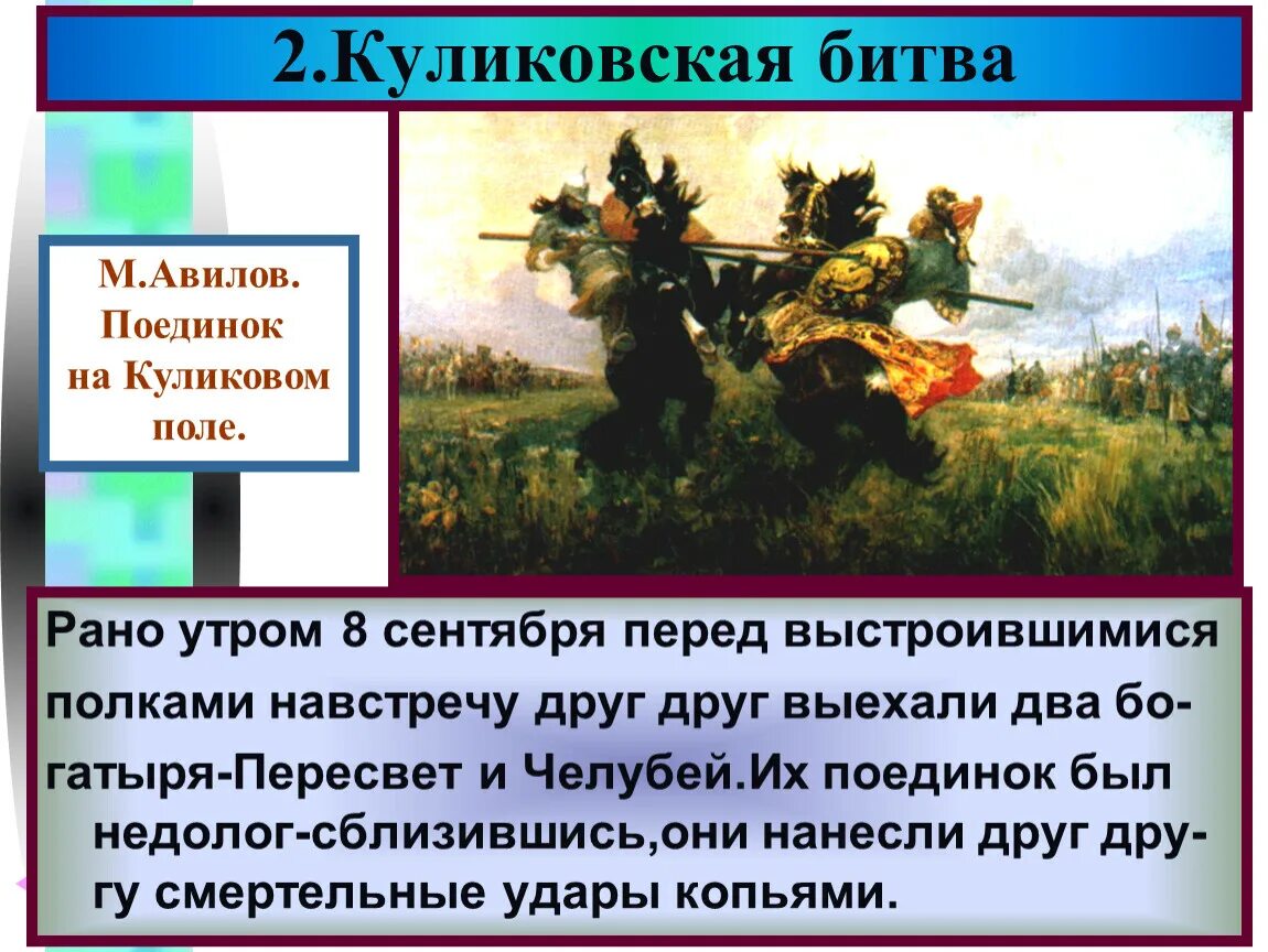 Куликовская битва даты и события. Авилов поединок на Куликовом поле. Когда началась Куликовская битва. Битва Пересвета с Челубеем. Куликовская битва презентация.