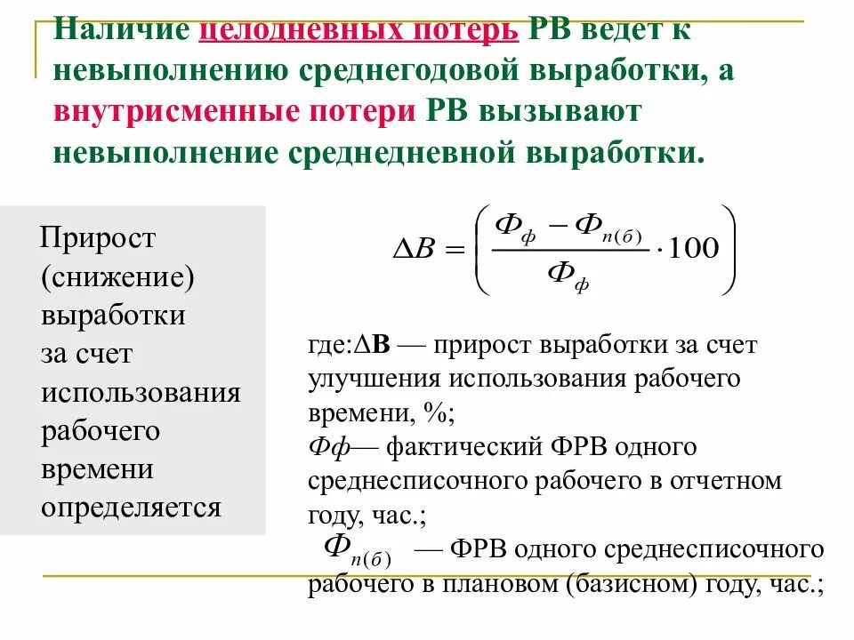 Коэффициент потерь рабочего времени. Снижение потерь рабочего времени. Целодневные потери рабочего времени. Анализ целодневных потерь рабочего времени. Среднегодовая производительность работника