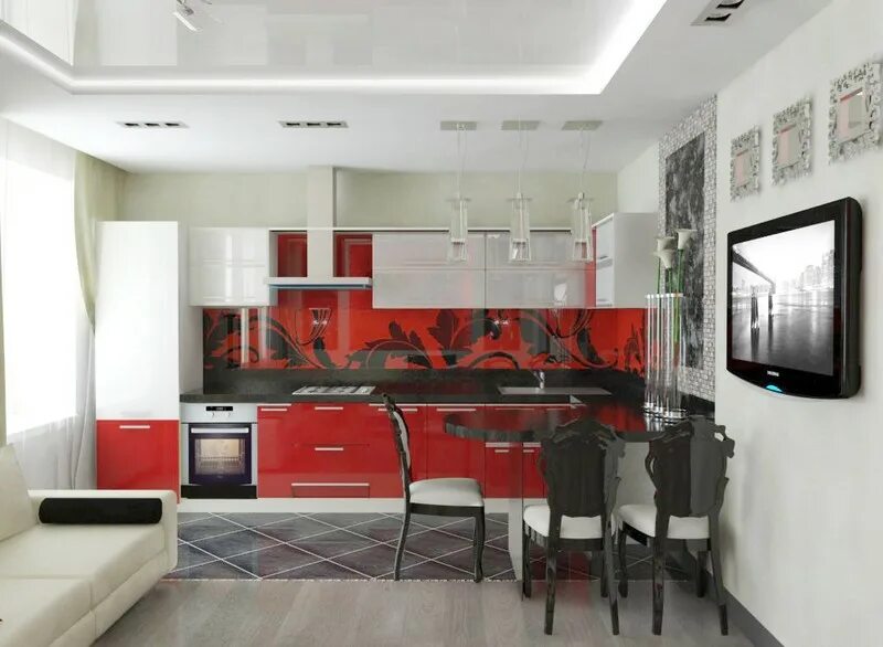 Купить студию в красном. Об кухня красная в гостиной.