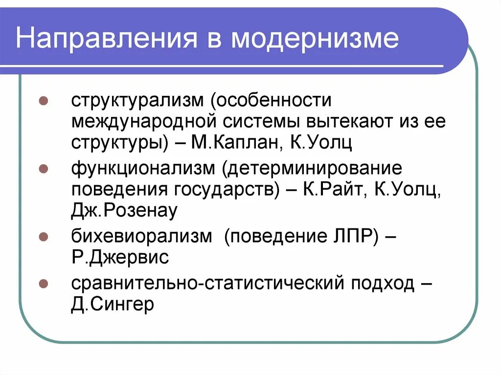 Модернизм в международных отношениях. Структурализм в международных отношениях. Направления в теории международных отношений. Модернистские концепции международных.