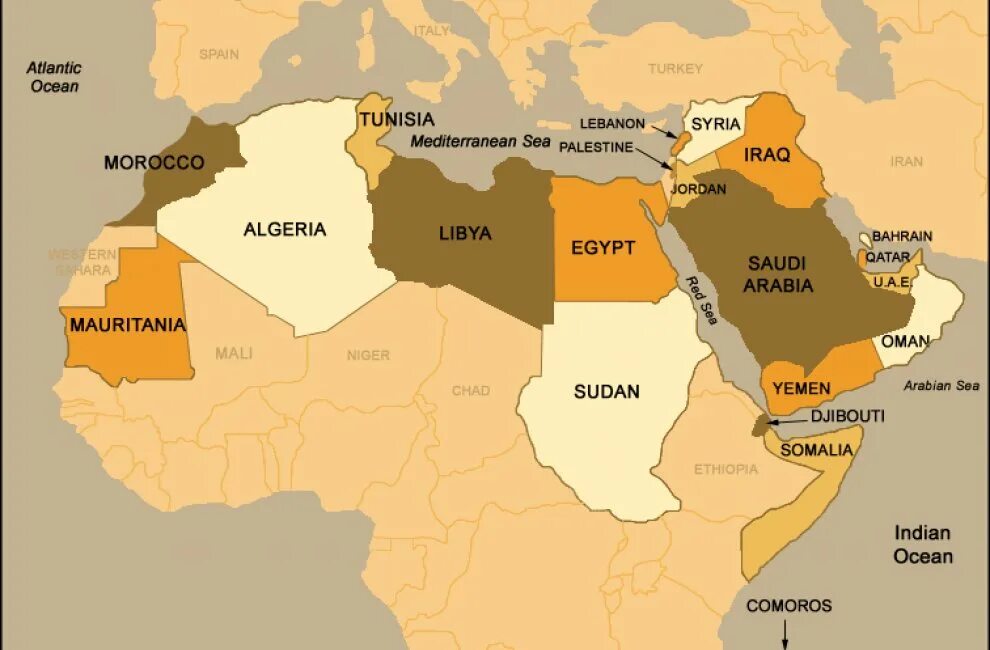 Карта арабских государств, Ближний Восток. Магриб и машрик. Арабский мир.