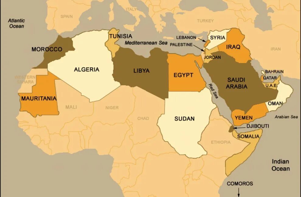 Арабские государства на карте. Карта арабских государств, Ближний Восток. Магриб и машрик. Арабский мир.