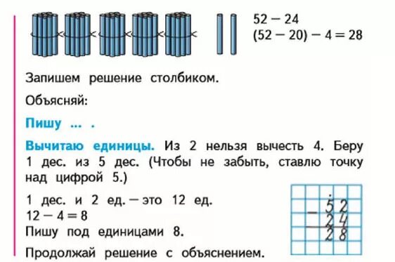 Моро второй класс вторая часть страница 29. Учиться применять правила письменного вычитания в новых условиях. Пишу десятки под десятками единицы под единицами вычитание. Решение столбиком 2 класс объяснение. Вычитание по частям 2 класс Моро.