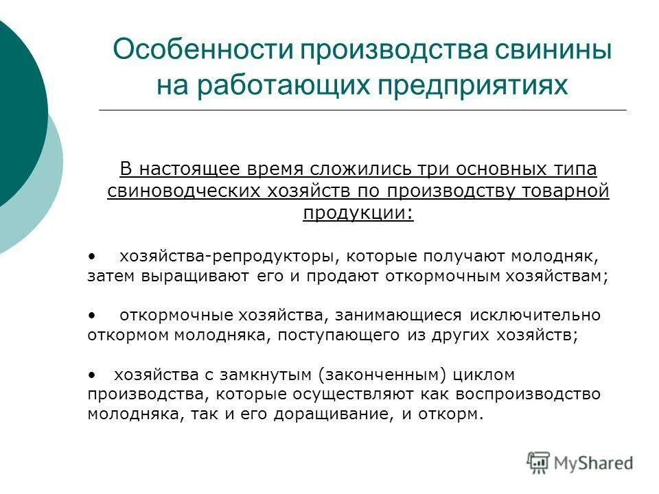 особенности производства свинины. свиноводство значение отрасли. селекция в животноводстве. поточная технология производства свинины. 2.