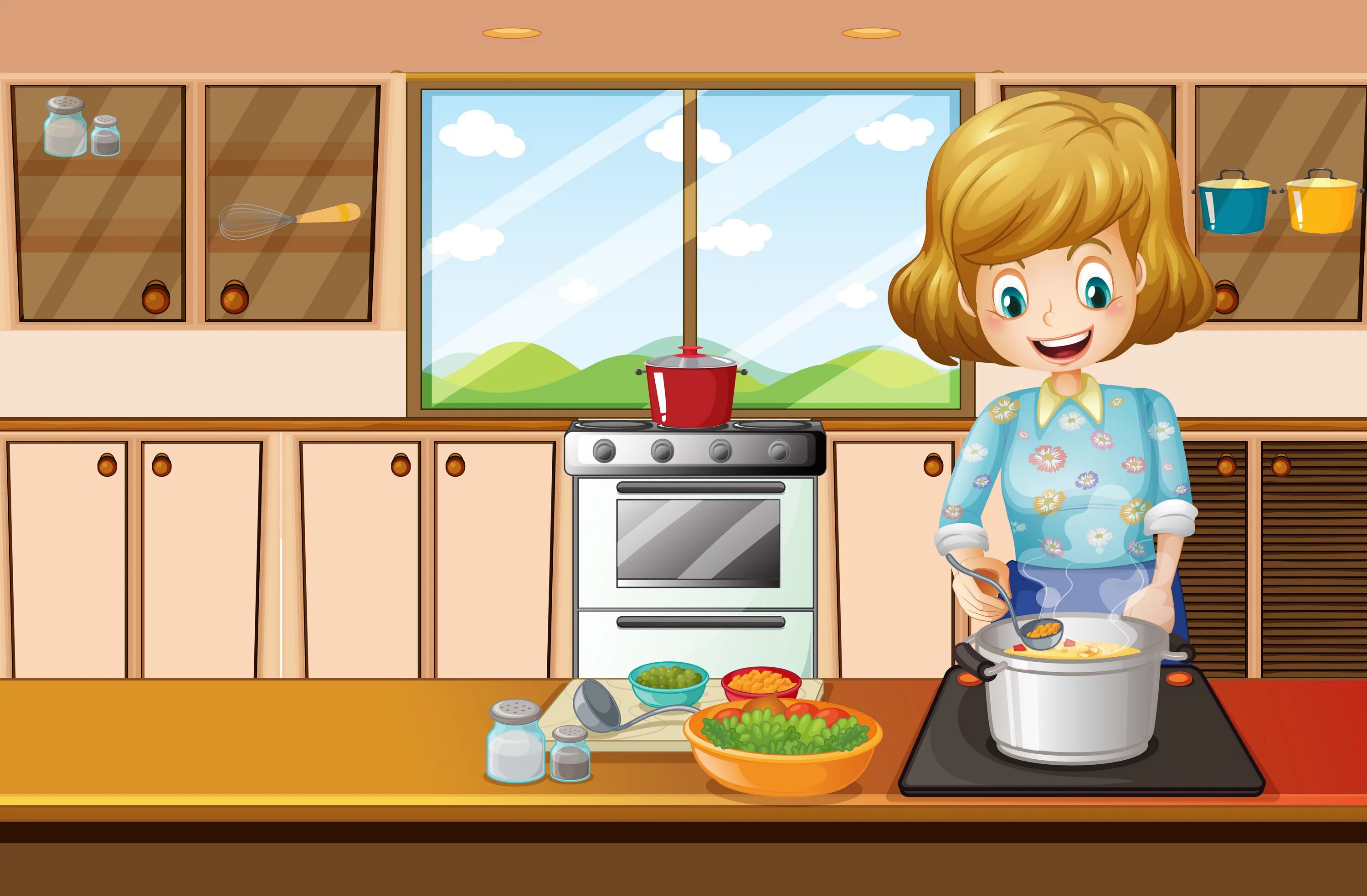 Женщина на кухне вектор. Хозяйка на кухне иллюстрации картина. Рисунок мама на кухне на весь экран. Свежий воздух на кухне арт. Мама готовит играть