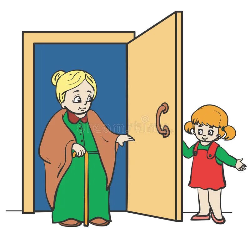 Пропускать помочь. Рисунок на тему вежливость. Мальчик открывает дверь бабушке. Придержать дверь рисунок. Вежливость к старшим.