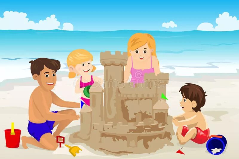 Drive a car make a sandcastle. Дети в песочнице рисунок. Иллюстрация семья на пляже. Дети строят замок из песка. Сюжетная картина в песочнице.