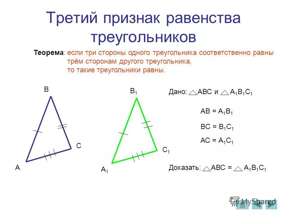 Теорема выражающая 1 признак равенства треугольника. Доказать признак равенства треугольников по трем сторонам. Признак равенства треугольников по 3 сторонам. Доказать 3 признак равенства треугольников. Докажите признак равенства треугольников по 3 сторонам.