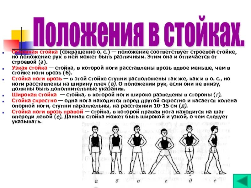 Напишите название положений