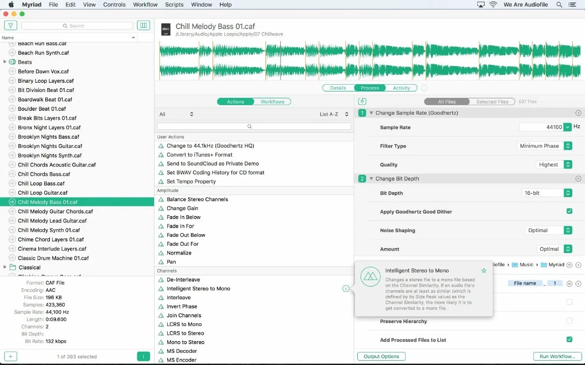 Myriad Audio. Myriad trend. CAF file format. Peak file stereo. Bit changes