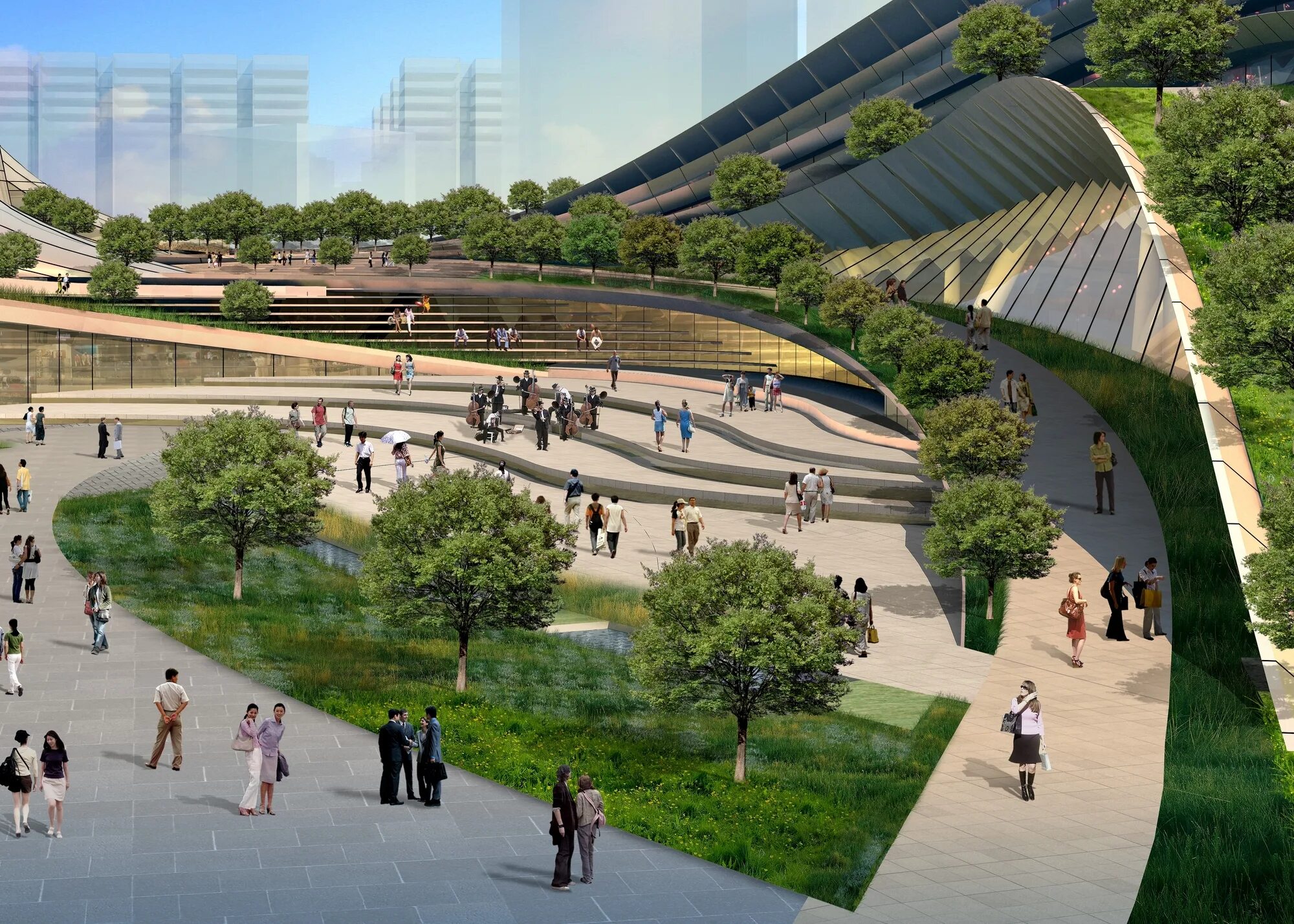 Современная площадь. Вокзал express rail link west kowloon terminus. культурный центр в чэнду, китай.. многоярусный ландшафтный парк. центральная площадь в эммене, нидерланды.