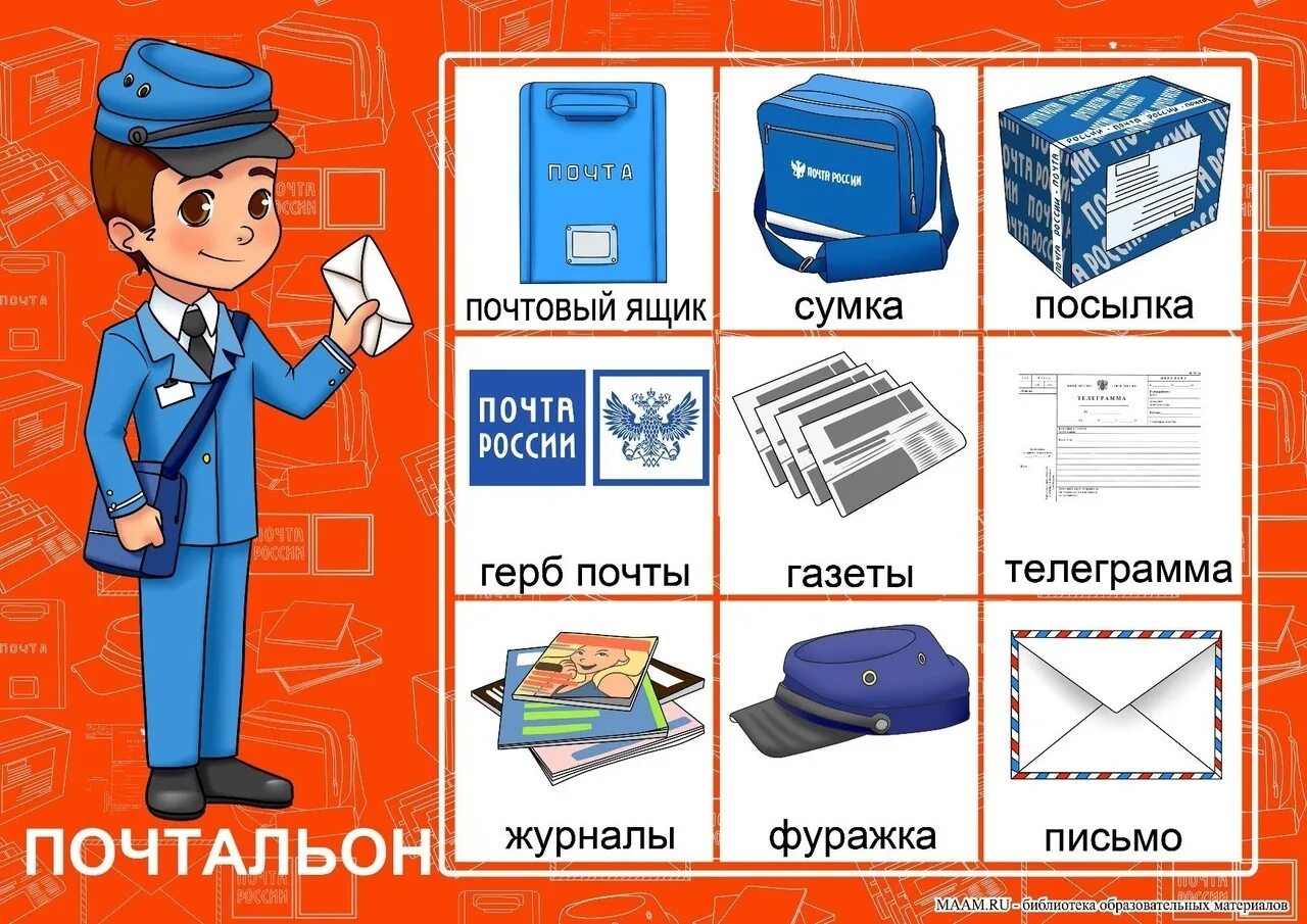 Задание на тему почта. Профессия почтальон для детей. атрибуты профессии почтальон. профессия почтальон для дошкольников. предметы для дошкольников почтальон.