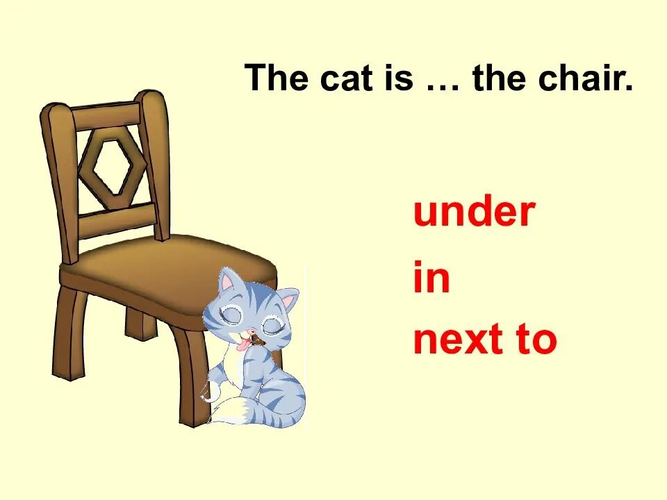 Предлоги in on under next to. Prepositions of place in on under. The Cat is the Chair. The Cat is on the Chair. Next to the armchair