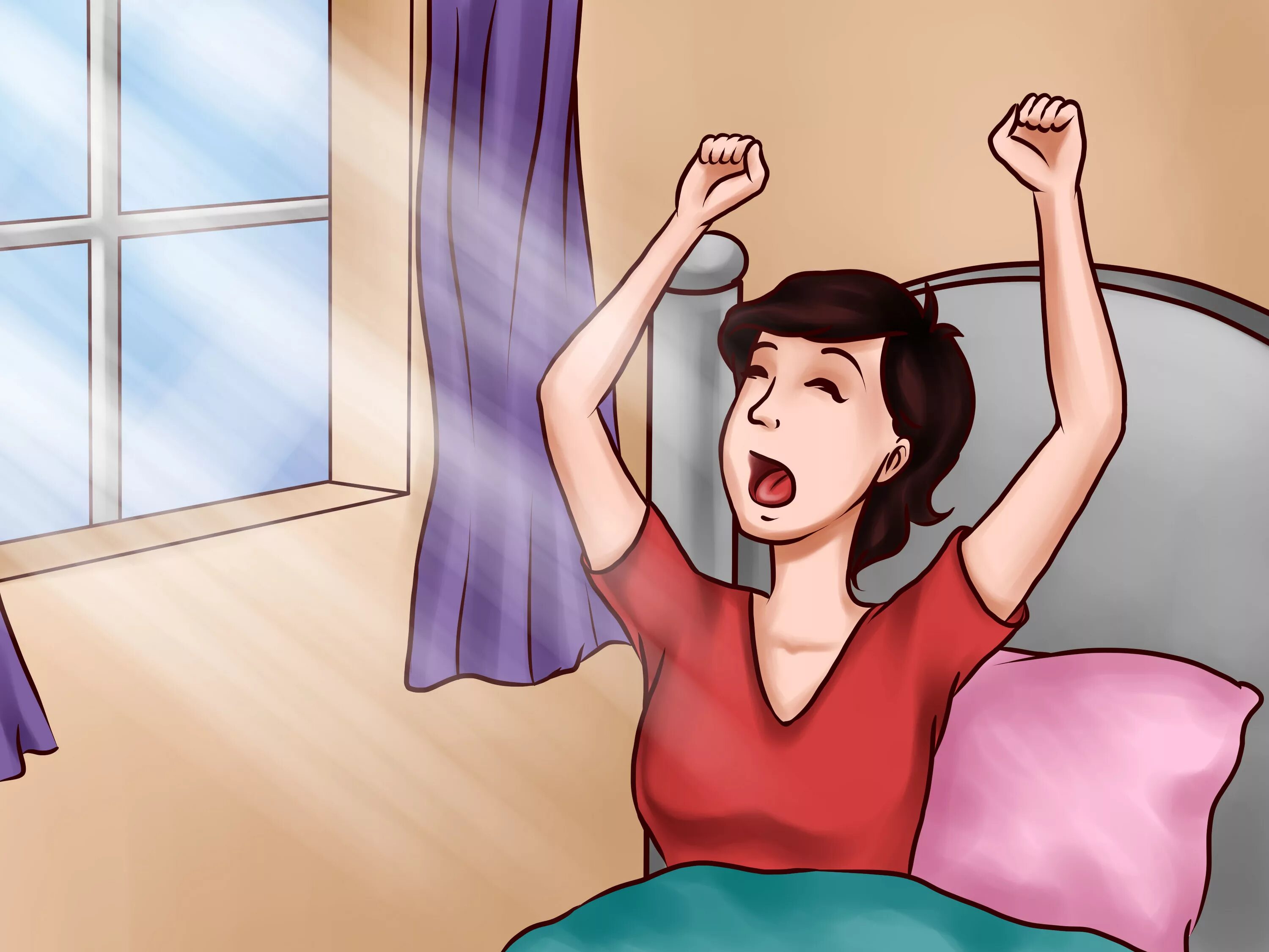 At 7 o clock and gets dressed