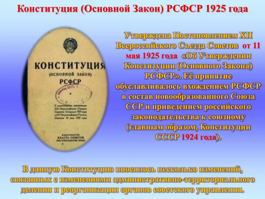 Первая конституция основные положения. Конституция 1925. Конституция РСФСР 1925 года. Конституция (основной закон) РСФСР 1925 года. Основные положения Конституции 1925 года.