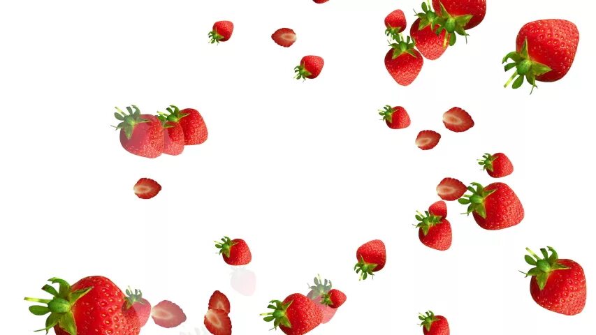 Разрезанная клубника. Клубника вид сверху. Долька клубники. Летающие ягоды. Земляника на белом фоне.