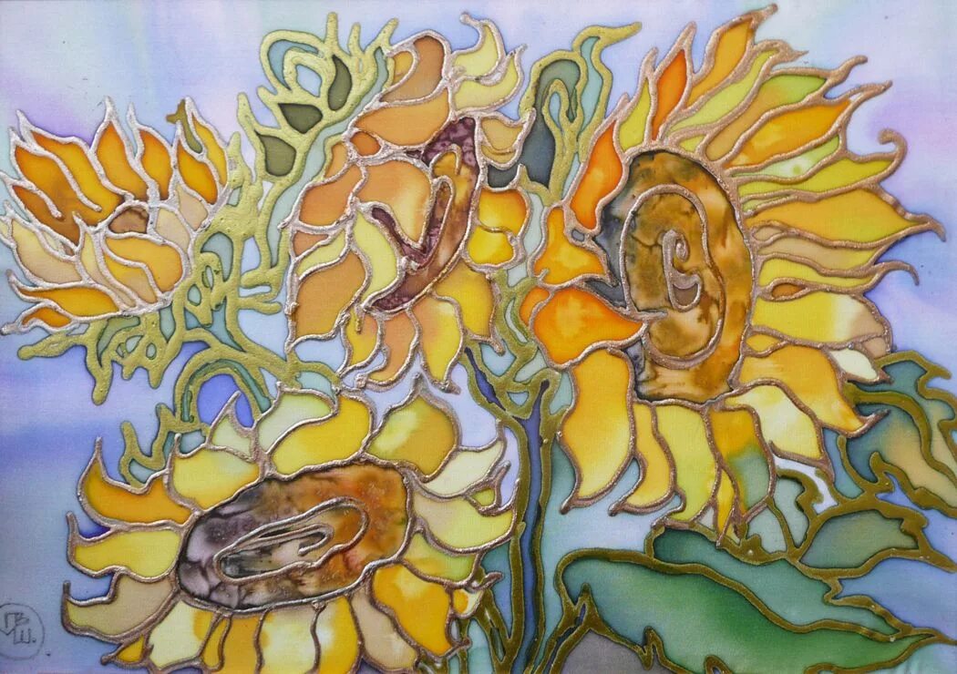 Изображение изделий выполненных в технике батика. Батик Ларисы Лукаш. Холодный батик Подсолнухи.