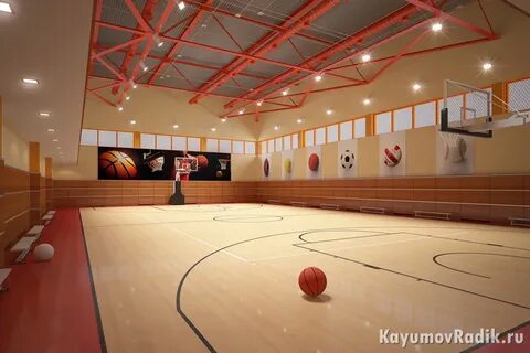 В спортивном зале находятся баскетбольные и футбольные