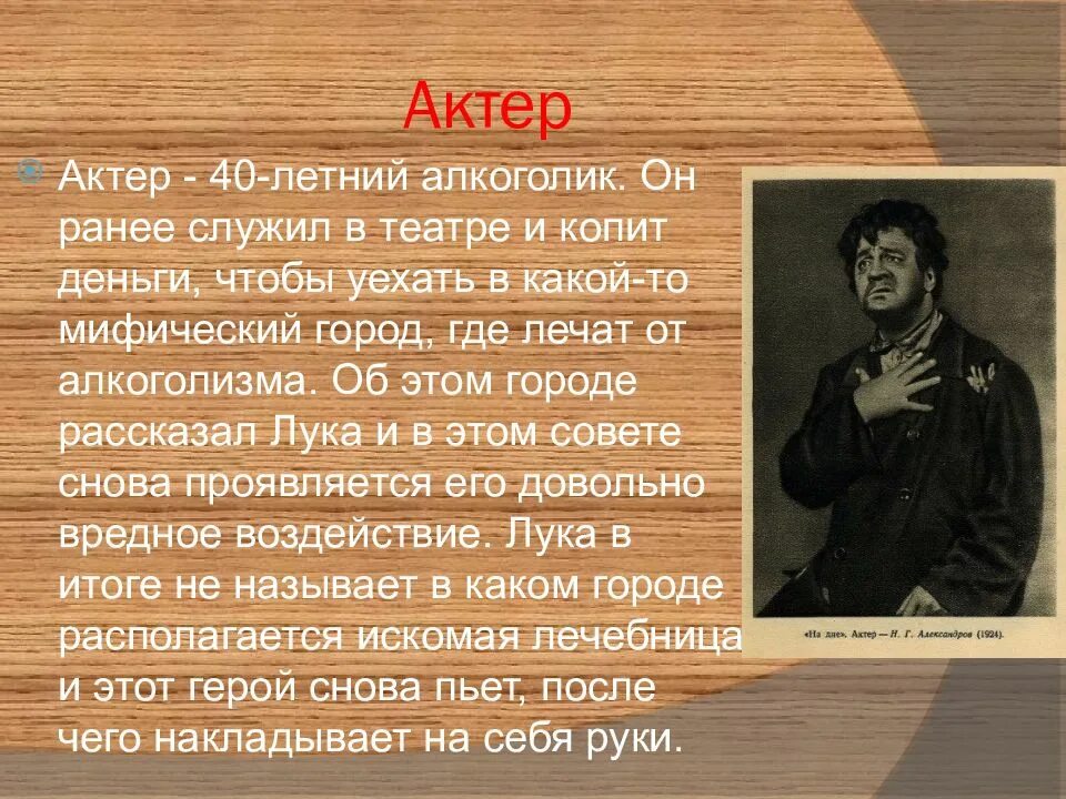 Пьеса горького на дне барон. Актер на дне. на дне презентация. актер в пьесе на дне. на дне горький актер.