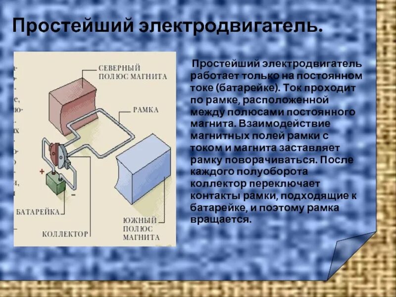 Простейший электродвигатель. Рамка с током в магнитном поле электродвигатель. Принцип работы электродвигателя рамки с током. Схема работы электродвигателя постоянного тока.