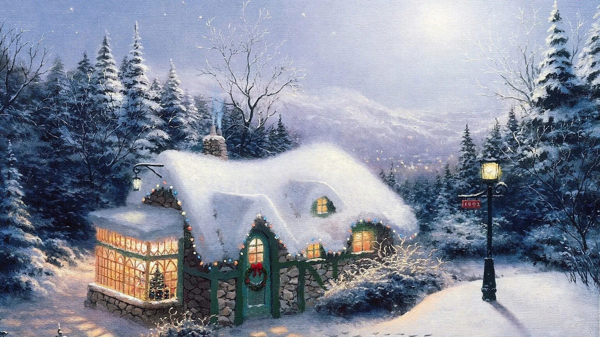 Поздравляем с новым домом. Thomas Kinkade Рождественские домики. Новогодний пейзаж. Зимний новогодний пейзаж. Зимняя сказка.