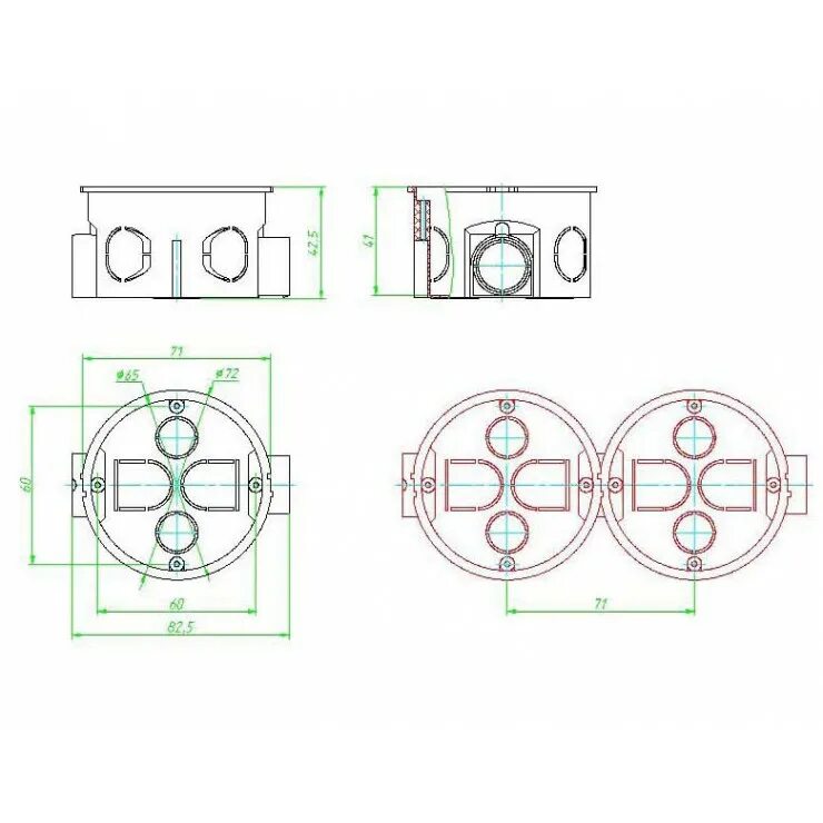 Какой диаметр розеток. Подрозетник Schneider Electric 68х47 мм чертеж. Подрозетник для скрытого монтажа с3м2. Разметка сверления отверстий для блока подрозетников 68мм. Разметка под подрозетники 68 мм.