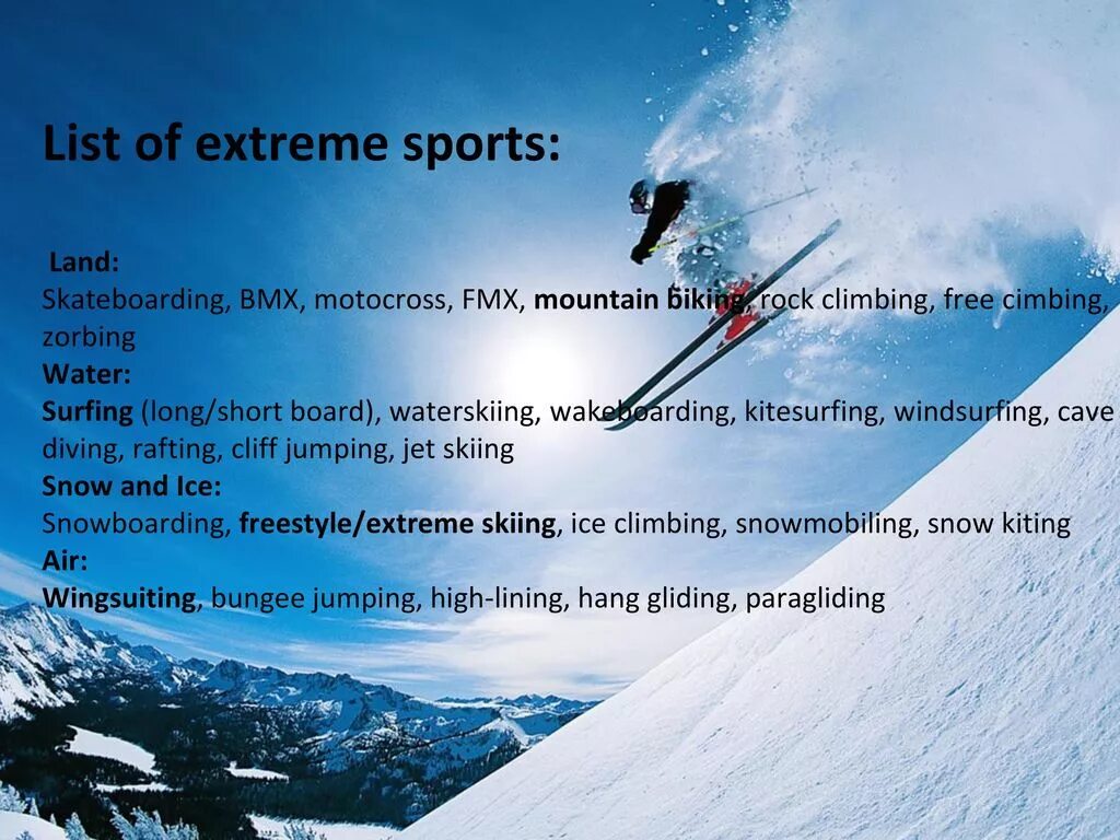 Extreme Sports презентация. Экстремальные спорты на английском языке. Экстрим спорт на английском. Extreme Sports список.