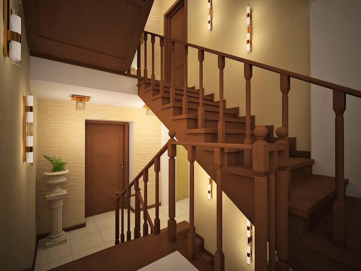 Второй пролет. Лестница в частном доме. Прихожая с лестницей. Лестница в загородном доме. Коридор с деревянной лестницей.