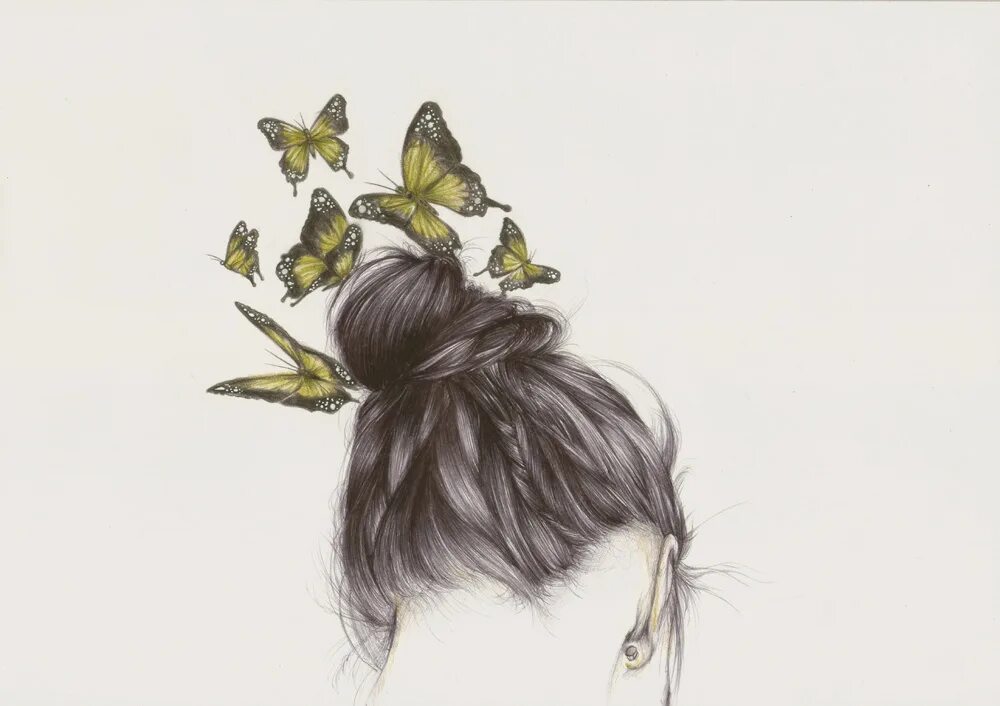 Бабочка над головой. Бабочки в волосах. Нарисовать девочку с пучками. Девушка-бабочка. Девушка с бабочками на голове.