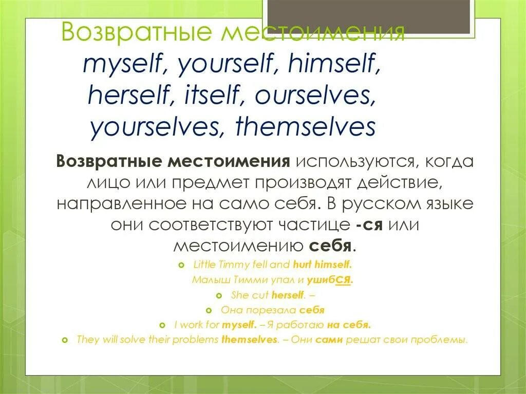 Возвратные местоимения английский язык 7. Возвратные местоимения myself yourself. Myself правило. Возвратные местоимения в английском языке. Myself yourself правило.