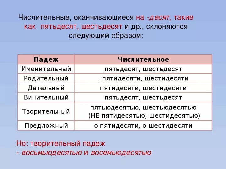 Урок 6 класс собирательные числительные их склонение. Родительный падеж числительных. Склонение имен числительных 6 класс. Пятьдесят в родительном падеже. Пятьдесят в родительном и творительном падеже.