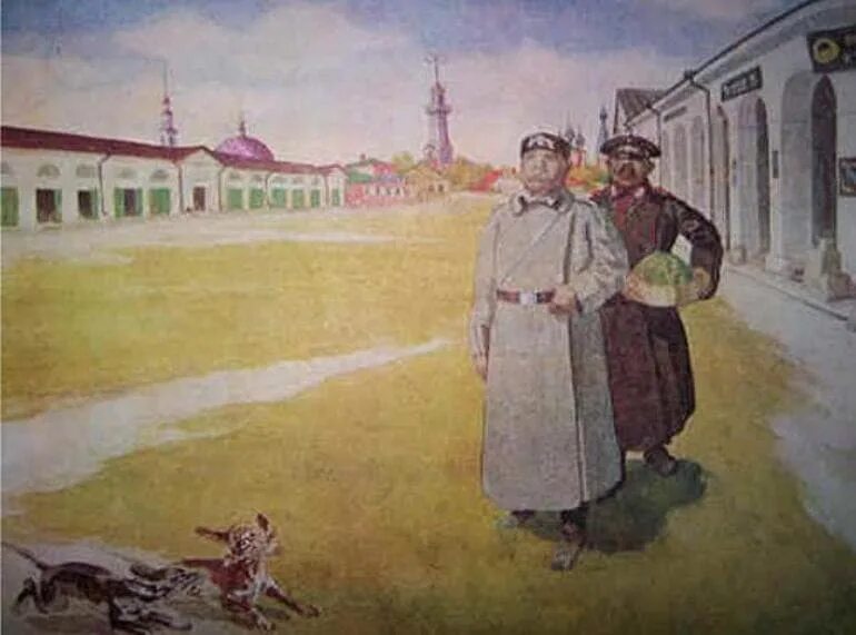 Базарную площадь идет полицейский надзиратель очумелов. Антон павлович чехов хамелеон иллюстрации. Говорящая деталь в литературе это. Рыжий городовой с решетом. Иллюстрации к рассказу хамелеон а.