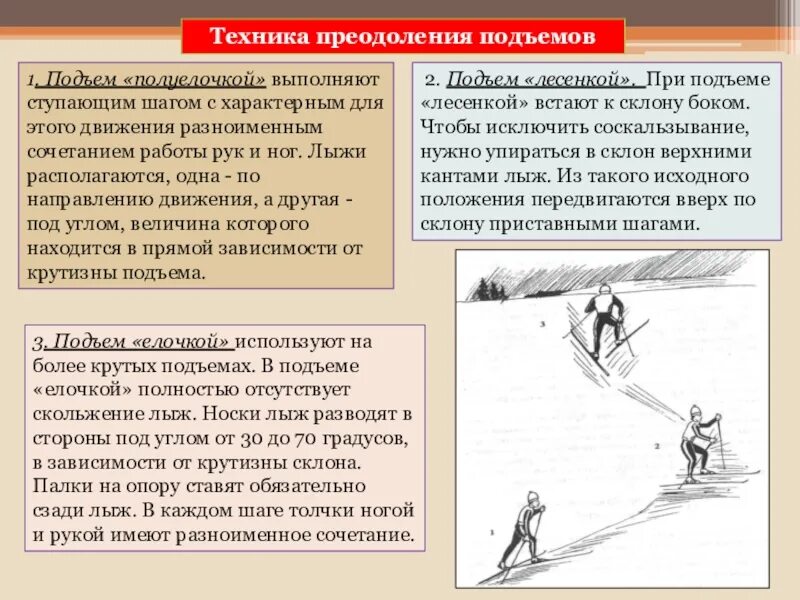 Способы передвижения на лыжах. Техника преодоления подъемов. Передвижение на лыжах в подъем. Лыжные ходы спуски и подъемы.