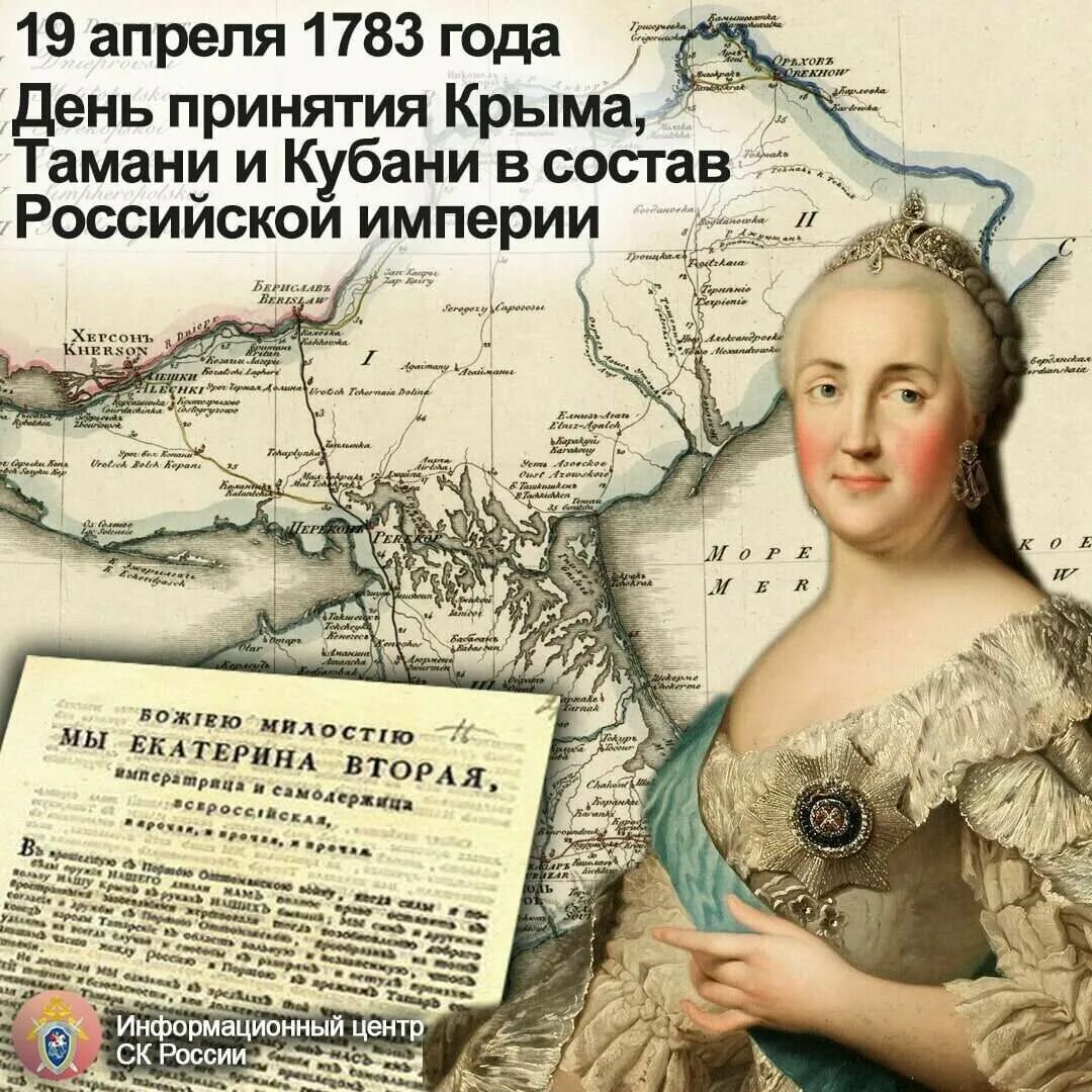 19 апреля 1783. День принятия Крыма Тамани и Кубани в состав Российской империи 1783. День принятия Крыма в состав Российской империи 1783.