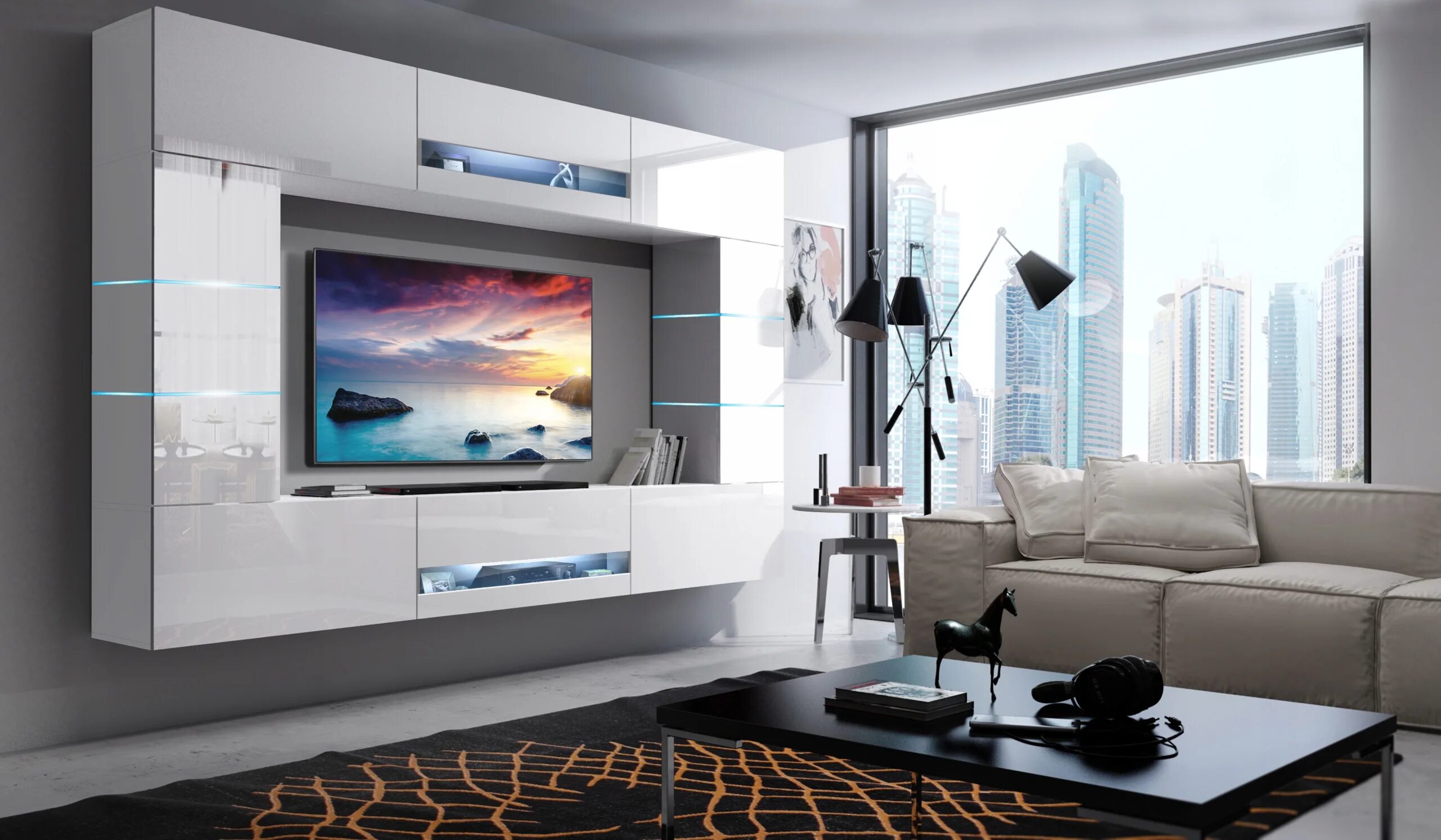 Alessia Living Room Furniture Set TV Media Full Wall Unit Melamine White Gloss A