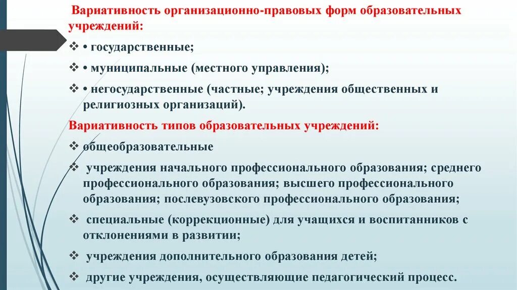 Организационно-правовая форма образовательного учреждения. Вариативность образовательных учреждений. Организационно-правовая форма образовательной организации. Государственные и негосударственные образовательные учреждения. Управление негосударственным учреждением