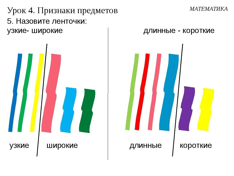 Длиннее толще шире. Широкая и узкая лента. Понятия широкий узкий. Полоски разной длины и ширины. Широкий узкий длинный короткий.