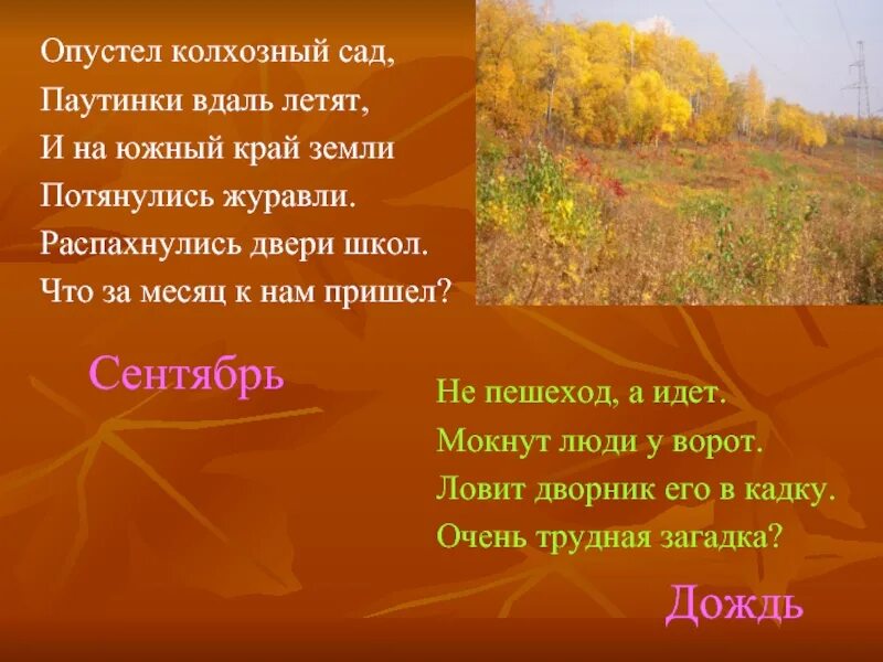 Опустел Колхозный сад. Опустел наш школьный сад паутинки вдаль. Осень опустел наш сад. И на Южный край земли потянулись Журавли. Распахнулись двери школ.