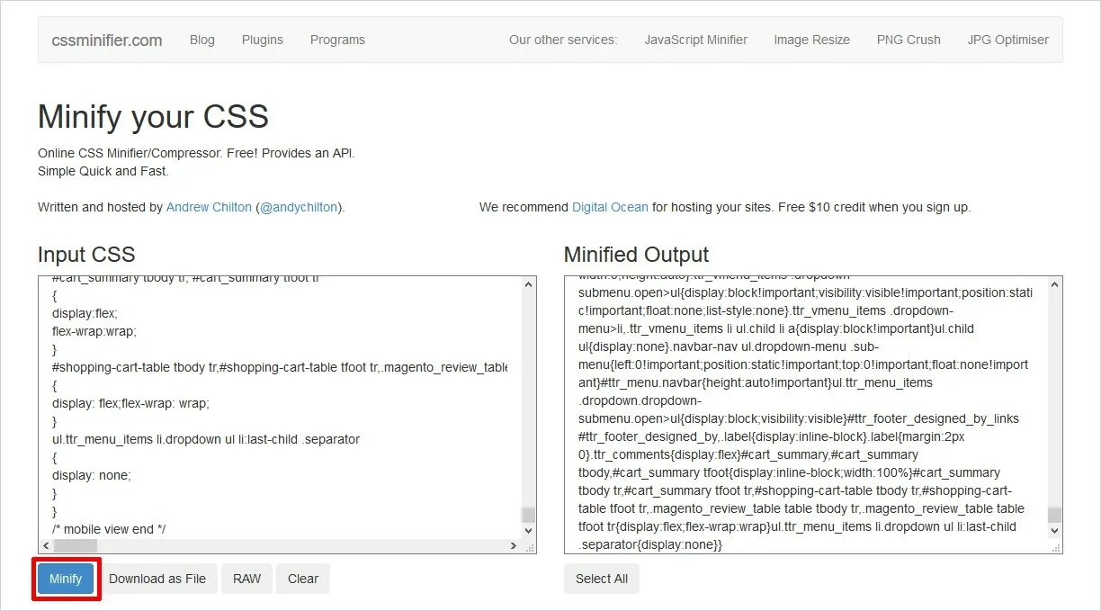 Minify css. Css minify. online js minifier.