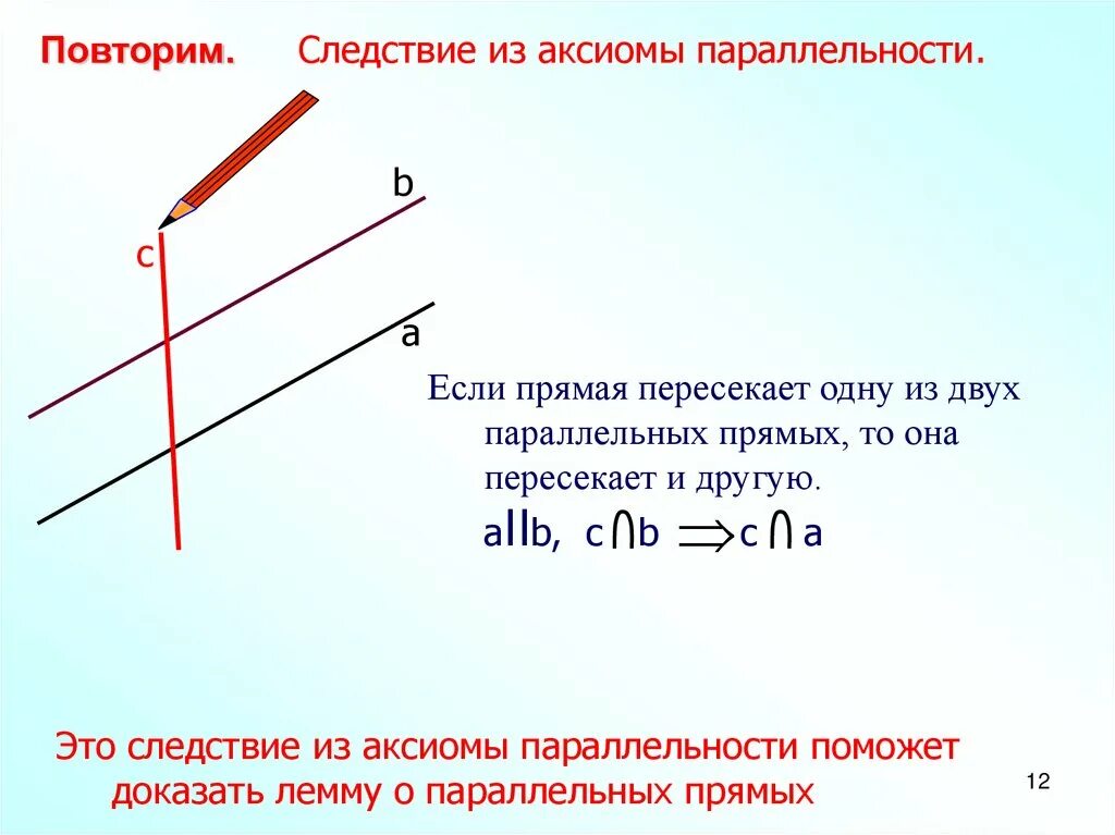 Аксиома параллельности и следствия из неё. Аксиомы и следствия из аксиом параллельных прямых. 2 Следствие из Аксиомы параллельных прямых. Доказательство 2 следствия Аксиомы параллельных прямых.